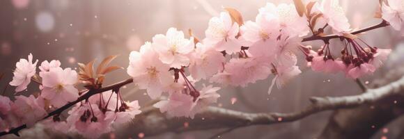 ai gerado Rosa flores florescendo em uma árvore dentro brilhante luz, foto