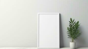 ai gerado branco quadro, Armação com em branco frente, realista em uma brincar modelo dentro uma branco minimalista parede foto