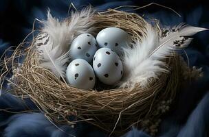 ai gerado uma ninho com três ovos e uma poucos penas foto