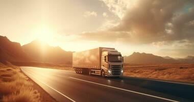 ai gerado transporte logística caminhão dentro a sol, dirigindo em estrada, foto