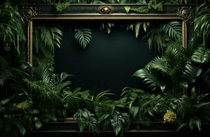 ai gerado uma quadro, Armação preenchidas com tropical plantas dentro uma Preto fundo foto