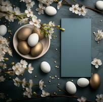ai gerado Páscoa cartões com ovo decorações foto