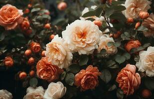 ai gerado uma foto do Rosa rosas com Sombrio verde folhas
