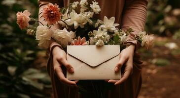 ai gerado retrato do mão segurando uma em branco envelope com flores, foto