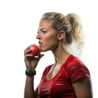 ai gerado jovem Atlético menina comendo a maçã isolado foto
