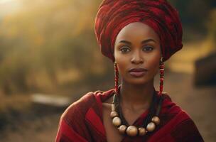 ai gerado uma mulher vestido dentro tradicional africano vestuário é posando foto