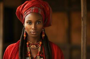 ai gerado uma mulher vestido dentro tradicional africano vestuário é posando foto