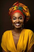 ai gerado uma sorridente africano amor vestindo uma colorida arco de cabelo foto