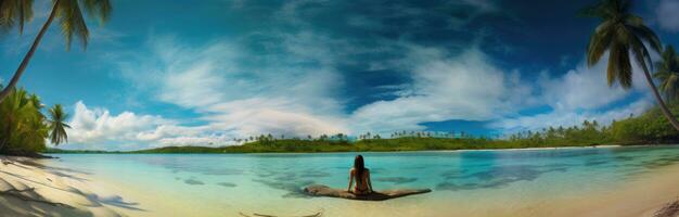 ai gerado uma mulher é relaxante em uma tropical de praia cercado de Palma árvores foto