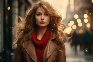 ai gerado uma mulher com grandes cabelo é caminhando em a rua foto