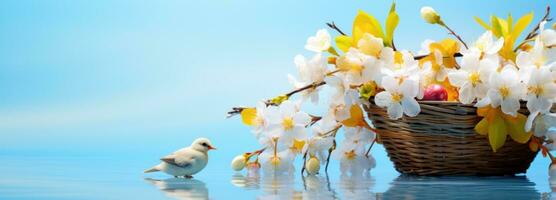 ai gerado a Páscoa ovo e flores dentro uma cesta em uma azul fundo foto