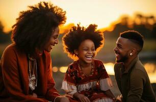 ai gerado a africano americano família rindo juntos às pôr do sol foto