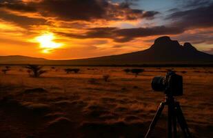 ai gerado a Sombrio horizonte do Quênia picos dentro a meio do a pôr do sol foto