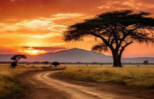 ai gerado a Sombrio horizonte do Quênia picos dentro a meio do a pôr do sol foto