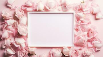 ai gerado a quadro, Armação cercado de Rosa rosa pétalas e alguns em branco espaço foto