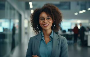 ai gerado sorridente afro-americano mulher dentro uma o negócio escritório foto