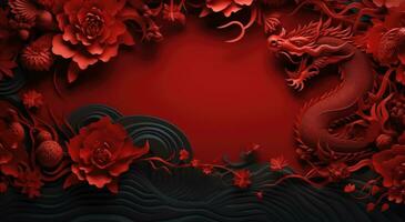 ai gerado vermelho parede papel com estilo chinês vermelho Dragão papel de parede foto