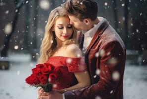 ai gerado jovem casal segurando vermelho rosas dentro uma inverno neve foto