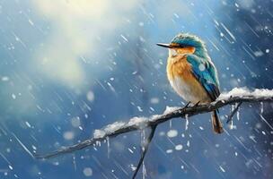ai gerado uma pássaro ficar de pé dentro a neve com neve queda por aí isto foto