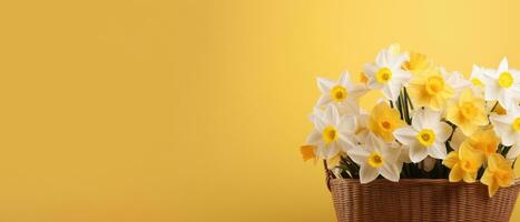 ai gerado uma cesta cheio do narcisos em uma amarelo parede foto