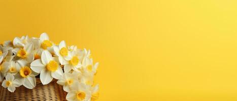 ai gerado uma cesta cheio do narcisos em uma amarelo parede foto