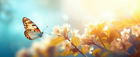 ai gerado uma borboleta é sentado em uma flor dentro frente do uma azul céu foto