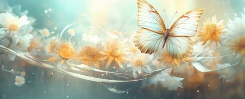 ai gerado uma borboleta é sentado em uma flor dentro frente do uma azul céu foto