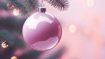 ai gerado uma Rosa Natal bola trava a partir de uma pinho árvore ramo com uma Natal luz fundo foto