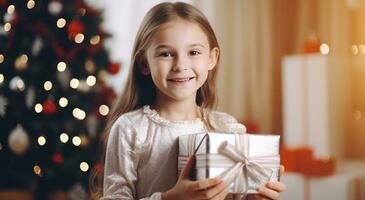 ai gerado uma menina segurando uma presente dentro frente do uma Natal árvore foto