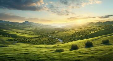 ai gerado uma verde campo às pôr do sol, topográfico realismo, uhd imagem, montanhoso vistas foto