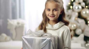ai gerado uma menina segurando uma presente dentro frente do uma Natal árvore foto