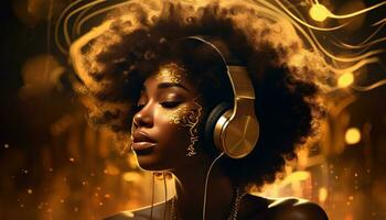ai gerado a afro lindo mulher dentro ouro com uma fones de ouvido foto