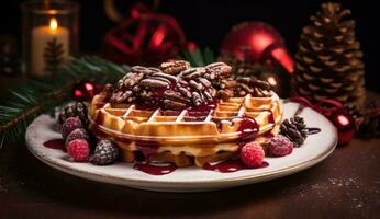 ai gerado Natal waffle dentro cidade foto