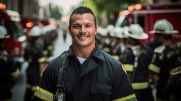 ai gerado uma retrato do uma bombeiro dentro dele vestir uniforme foto