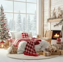 ai gerado uma vermelho e branco quarto é decorado com Natal decorações foto