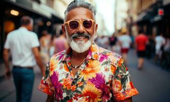 ai gerado a Mais velho homem dentro uma floral camisa em pé em a rua foto