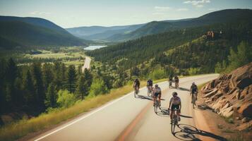 ai gerado ciclistas equitação através uma enrolamento montanha estrada, com uma lindo cênico panorama foto