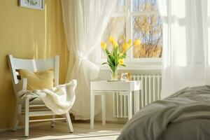 ai gerado luz Primavera quarto interior, cama, branco cadeira, vidro com amarelo tulipa, janela luz cortinas, pastel cores. generativo ai. foto