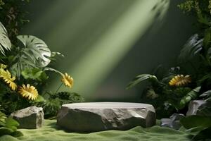 ai gerado pedra plataforma dentro tropical floresta para produtos apresentação e verde parede.3d Renderização. generativo ai. foto