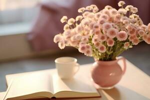 ai gerado fechar-se do pequeno Rosa flores ramalhete dentro vidro vaso com borrado suave focado fundo do Rosa copo do chá ou café e aberto livro de a janela. lento vivo conceito. generativo ai. foto