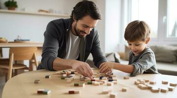 ai gerado homem e dele filho jogando de madeira brinquedo conjunto foto