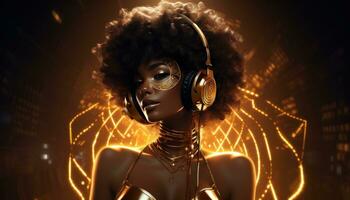 ai gerado a afro lindo mulher dentro ouro com uma fones de ouvido foto