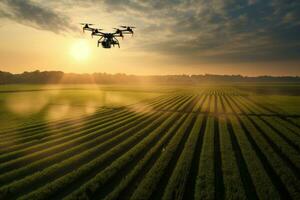 ai gerado zangão quadcopter com digital Câmera vôo sobre agrícola campo às pôr do sol, zangão analisando agricultores' Campos durante nascer do sol, ai gerado foto