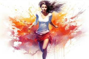 ai gerado lindo africano americano mulher pulando em abstrato colorida fundo, moda ilustração do uma lindo jovem mulher corrida com vibrante salpicos, ai gerado foto
