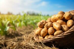 ai gerado cesta cheio do recentemente colhido batatas em a campo dentro verão, recentemente escolhido batatas em uma agricultores campo, saudável orgânico produzir, ai gerado foto