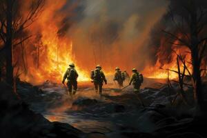 ai gerado bombeiros extinguir uma floresta fogo. bombeiros brigando uma fogo, bombeiros lutando uma incêndios, ai gerado foto