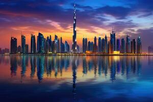 ai gerado dubai Horizonte com arranha-céus às pôr do sol, Unidos árabe emirados, dubai Horizonte dentro a noite, ai gerado foto