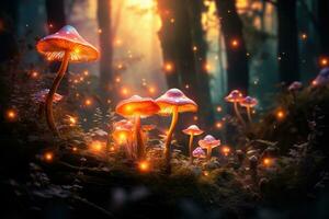 ai gerado cogumelos dentro a floresta às noite. conto de fadas cena, brilhando cogumelos dentro uma sonhadores floresta, ai gerado foto