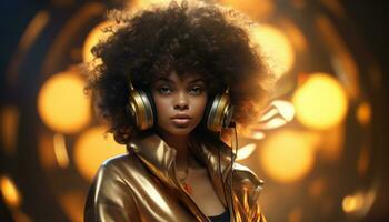 ai gerado a afro lindo mulher dentro ouro com uma fones de ouvido foto