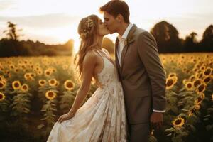 ai gerado lindo noiva e noivo dentro uma campo do girassóis, uma boho Casamento dentro uma girassol campo, ai gerado foto